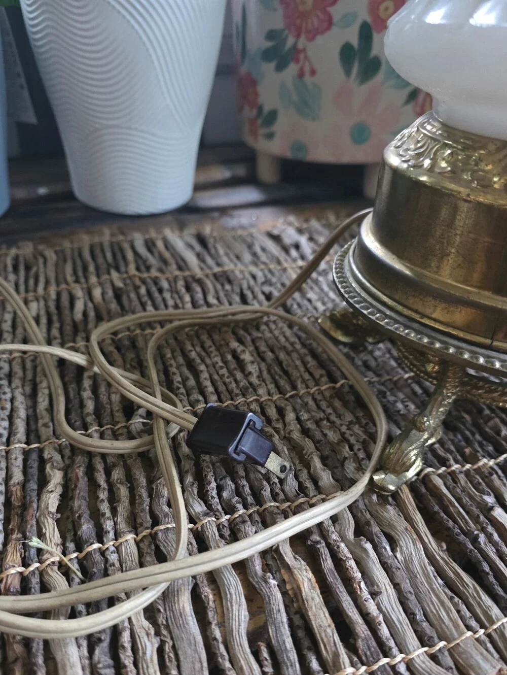 Milk Glass Table Lamp Base with White Floral Cutwork - Needs Rewiring